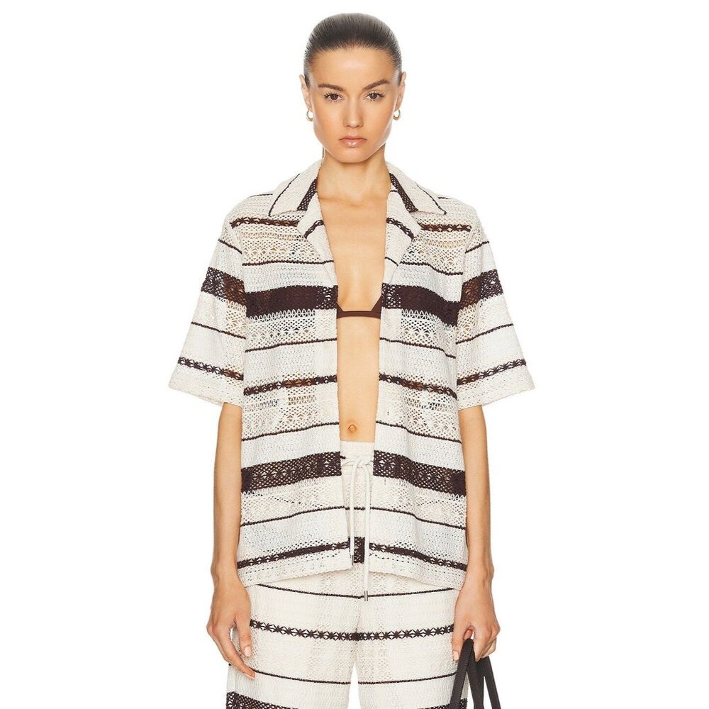 WAO Crochet Stripe Camp Shirt in Natural & Brown Medium New Womens Top